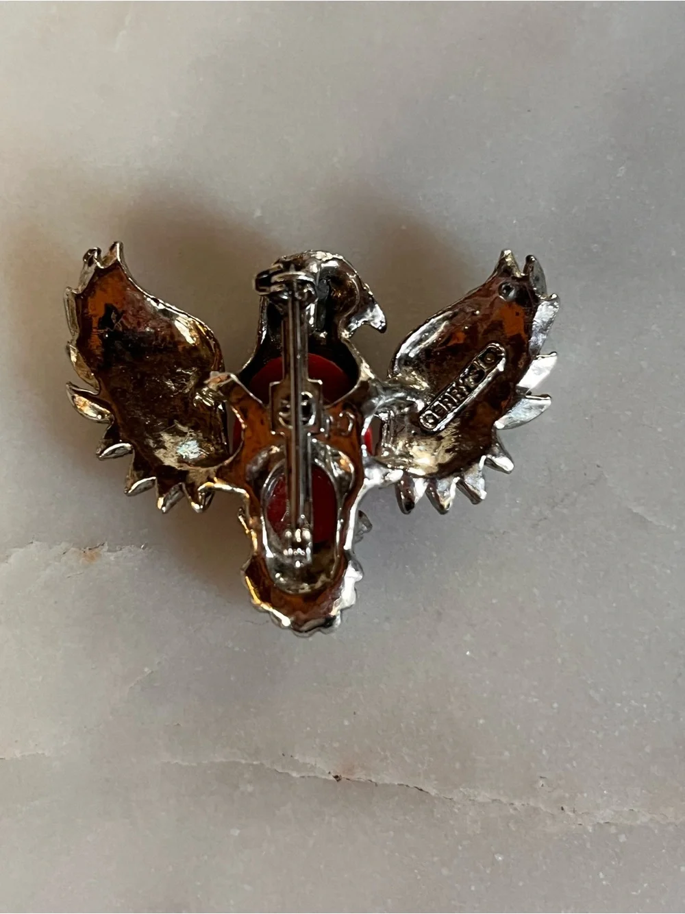 Vintage Gerry's Eagle Brooch Pin Silver Tone Faux Coral Red Cabochon